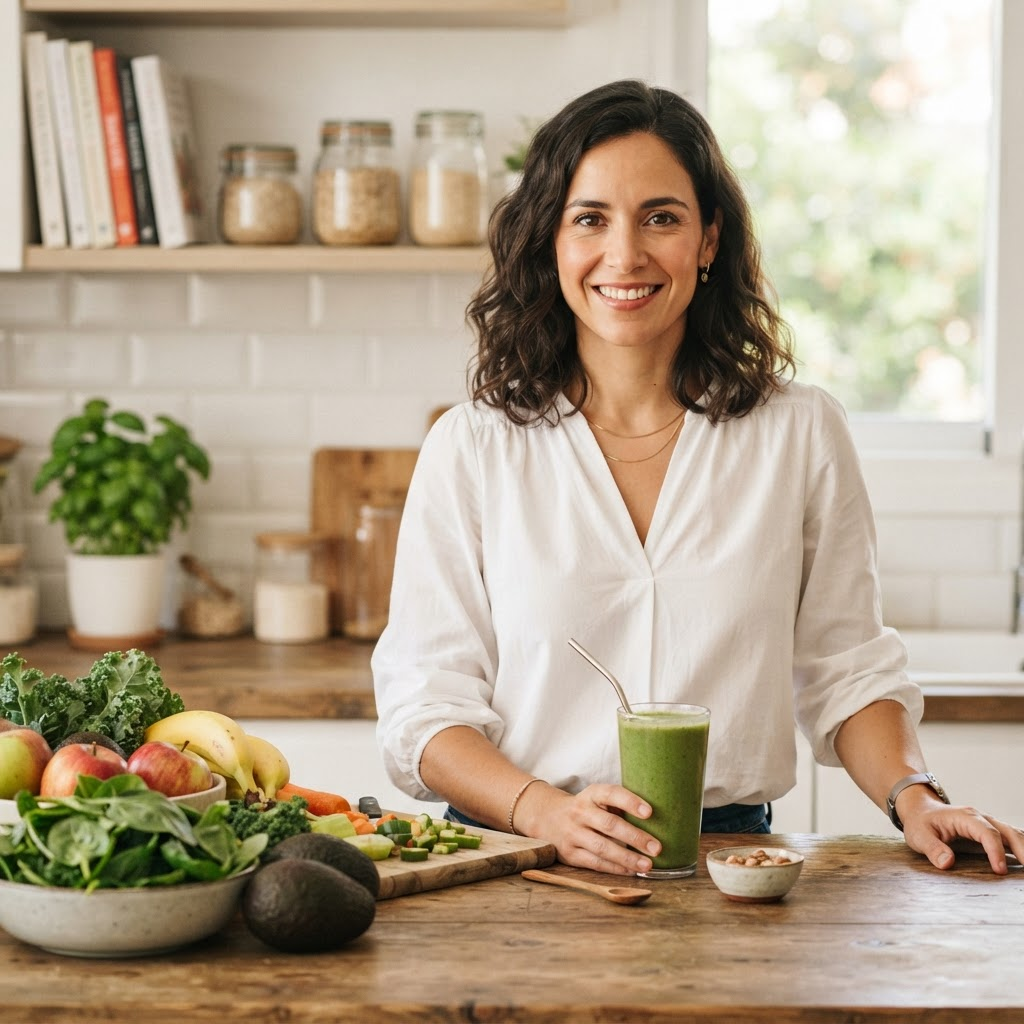 Laura Sánchez, nutricionista especialista en alimentación antiinflamatoria, en su cocina con ingredientes frescos
