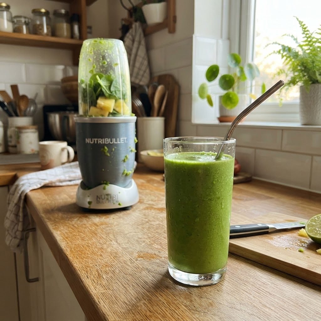 Batido detox verde recién preparado en la cocina de casa