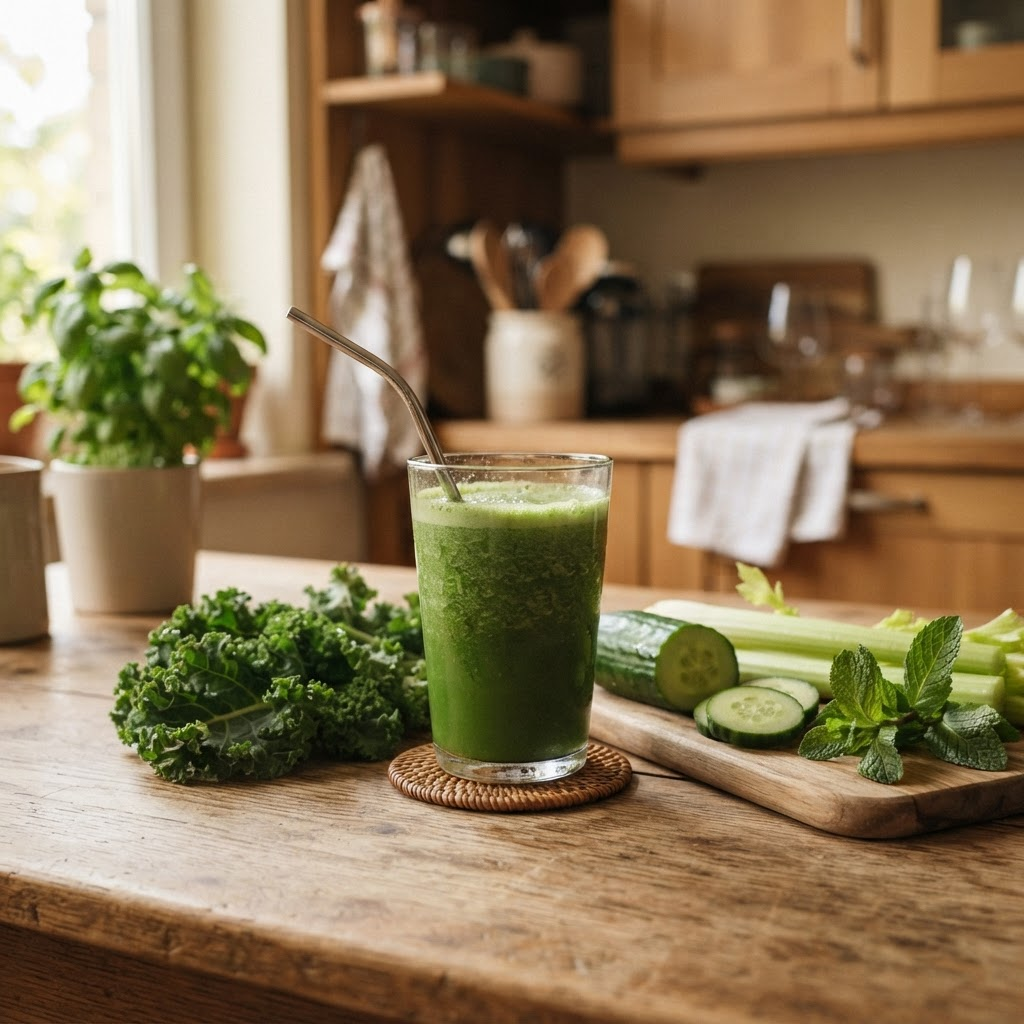 Vaso de jugo detox junto a hojas verdes y verduras sobre la mesa