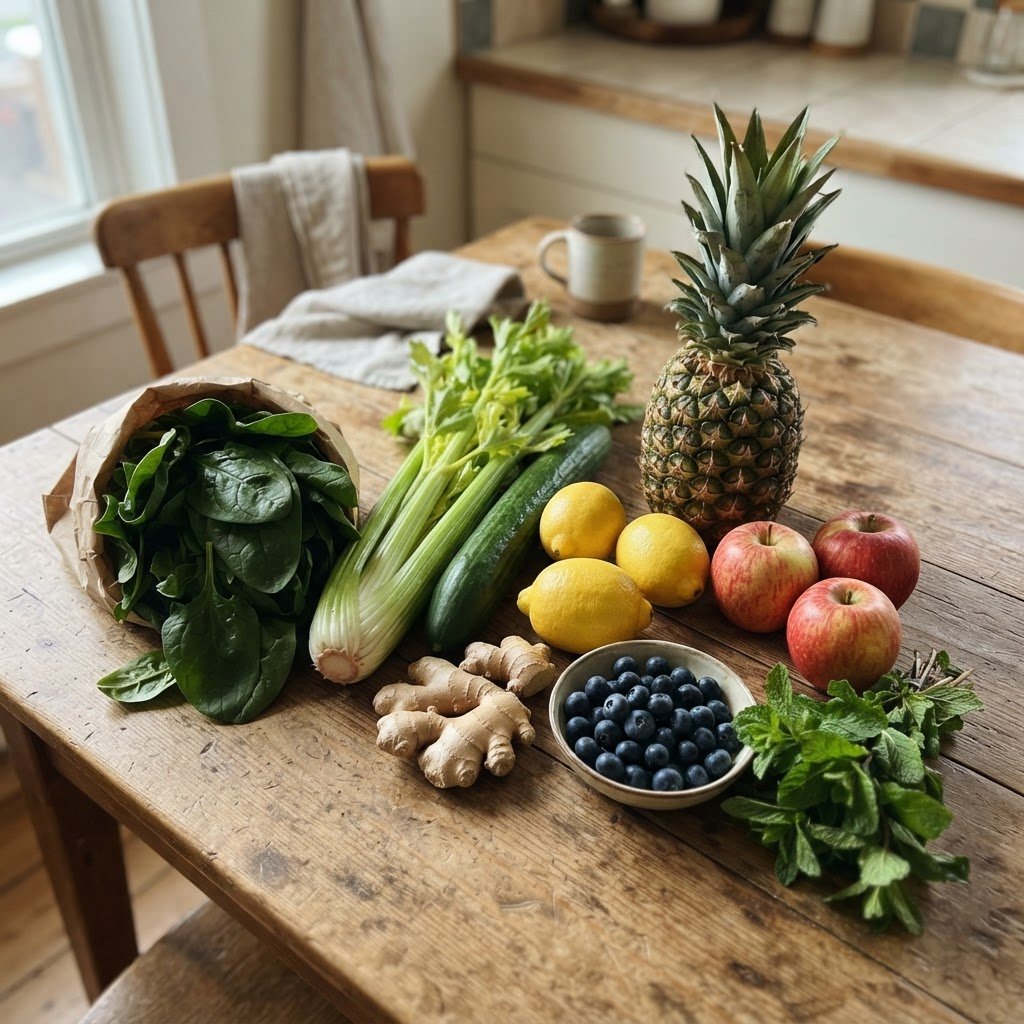 Frutas y verduras frescas sobre la mesa listas para los batidos